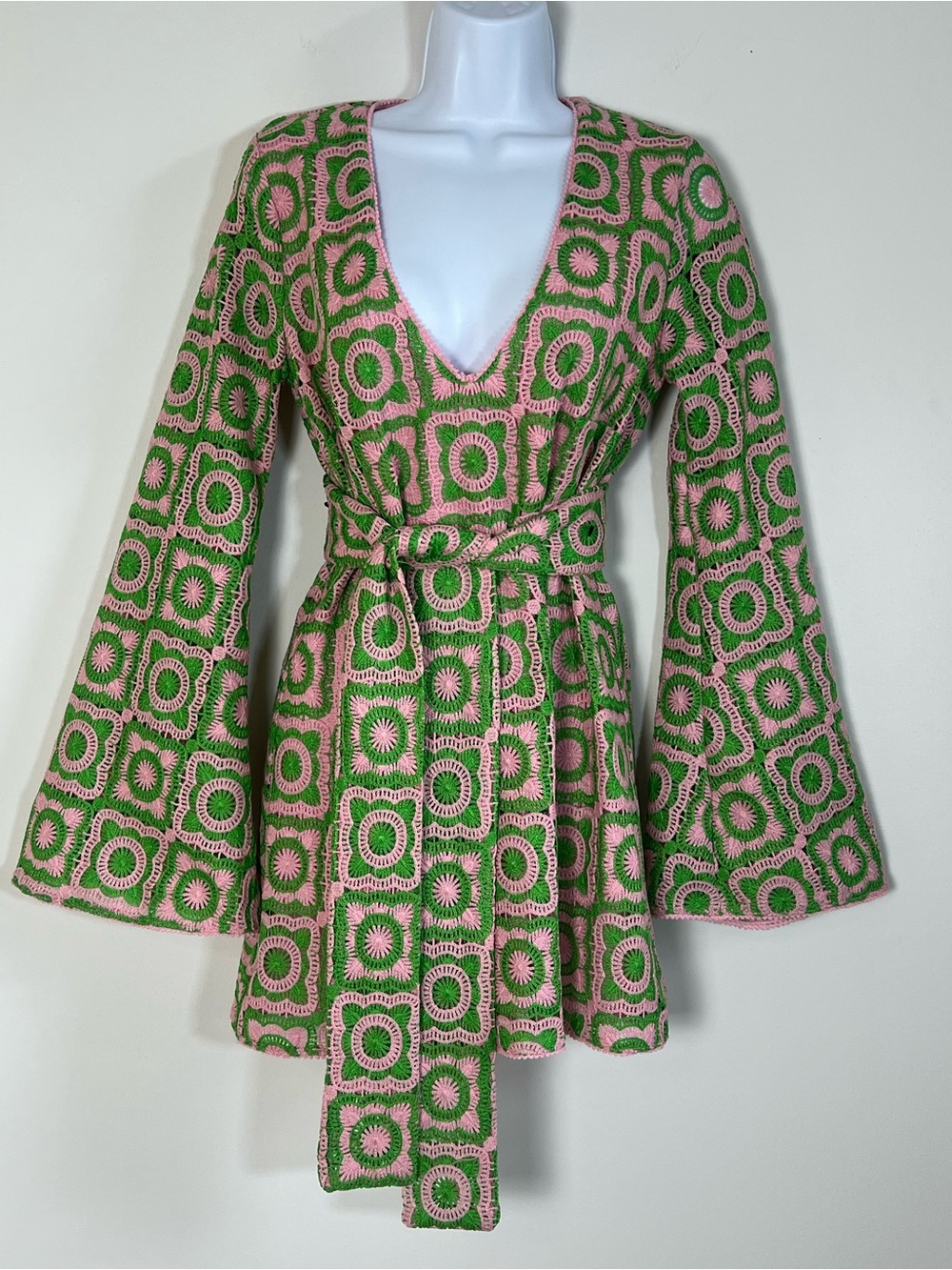 Show Me Your Mumu Treasure Mini Dress Pink Green Flower Power Crochet XS